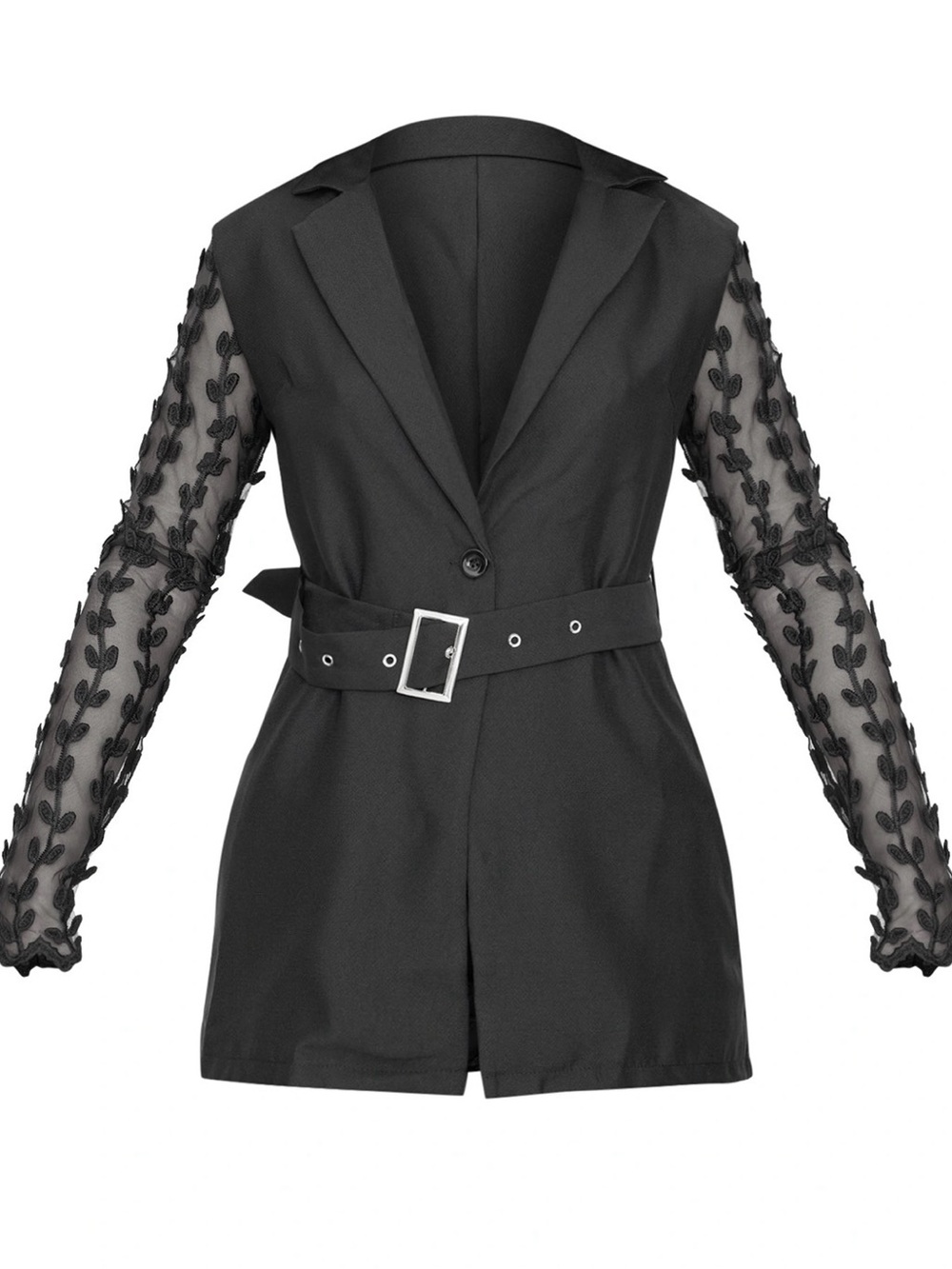 PrettyLittleThing Woven Black Sheer Lace Sleeve Belt Blazer and Flared Trousers - Picture 6 of 14